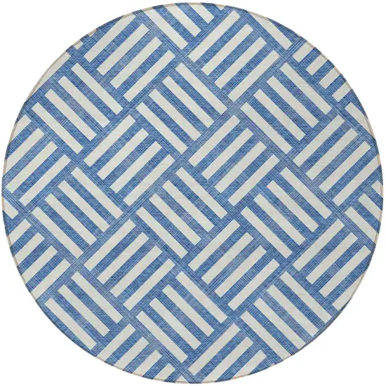8' Blue And Ivory Round Geometric Washable Indoor Outdoor Area Rug Photo 5