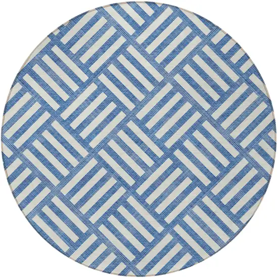 8' Blue And Ivory Round Geometric Washable Indoor Outdoor Area Rug Photo 5