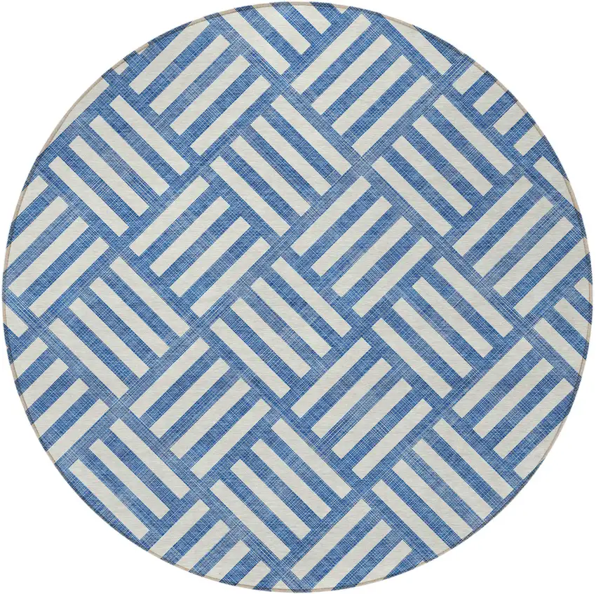 8' Blue And Ivory Round Geometric Washable Indoor Outdoor Area Rug Photo 5