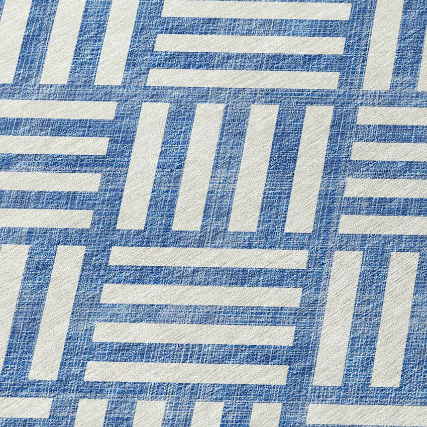8' Blue And Ivory Round Geometric Washable Indoor Outdoor Area Rug Photo 4