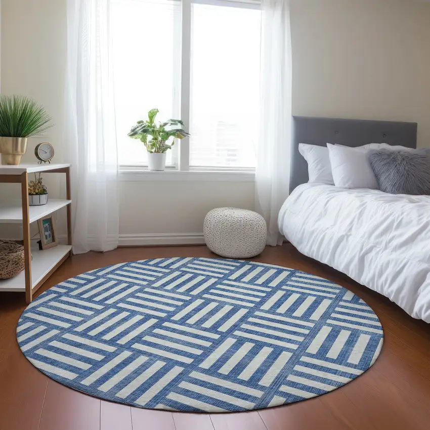 8' Blue And Ivory Round Geometric Washable Indoor Outdoor Area Rug Photo 7