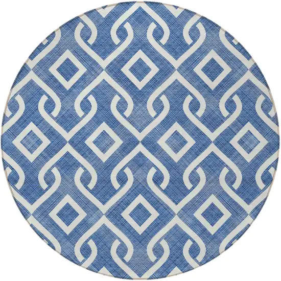 8' Blue And Ivory Round Geometric Washable Indoor Outdoor Area Rug Photo 5