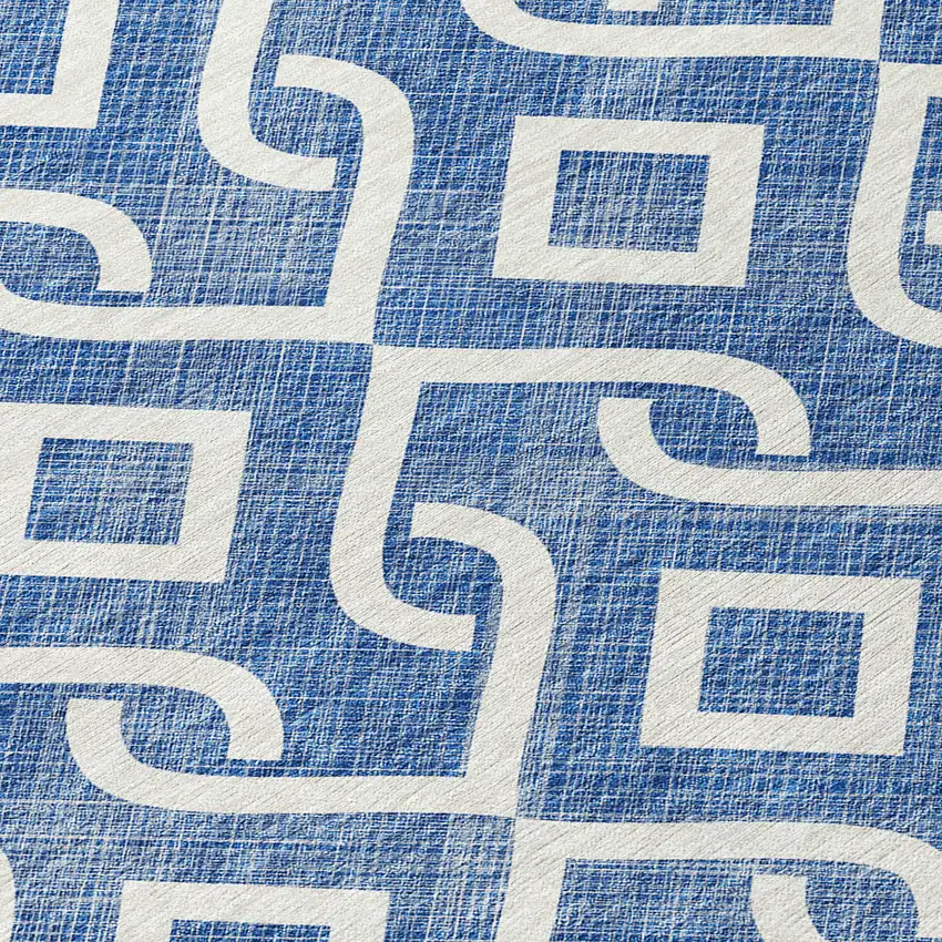 8' Blue And Ivory Round Geometric Washable Indoor Outdoor Area Rug Photo 8