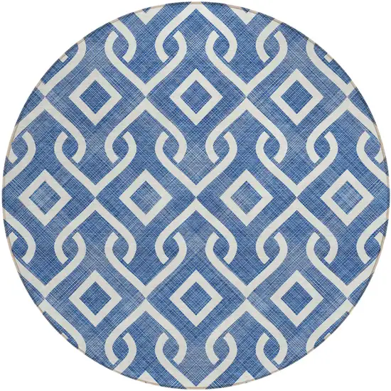 8' Blue And Ivory Round Geometric Washable Indoor Outdoor Area Rug Photo 2