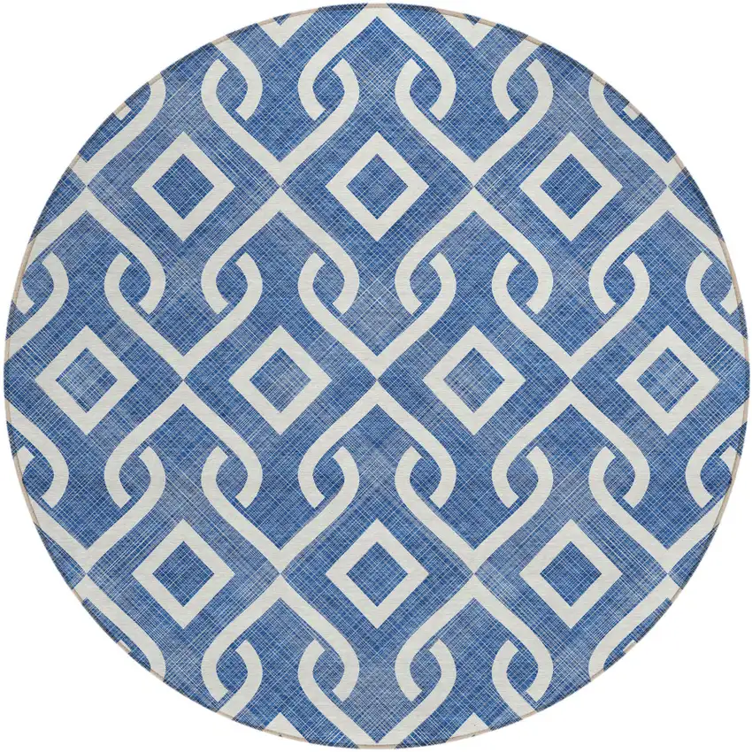 8' Blue And Ivory Round Geometric Washable Indoor Outdoor Area Rug Photo 2