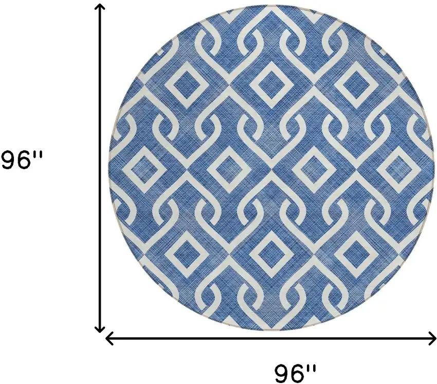 8' Blue And Ivory Round Geometric Washable Indoor Outdoor Area Rug Photo 3