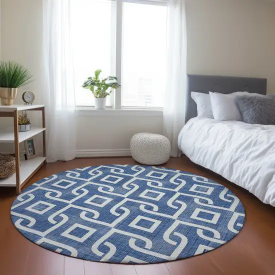 8' Blue And Ivory Round Geometric Washable Indoor Outdoor Area Rug Photo 7