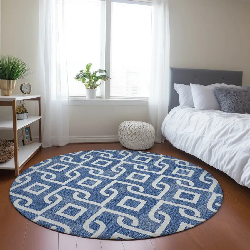 8' Blue And Ivory Round Geometric Washable Indoor Outdoor Area Rug Photo 7