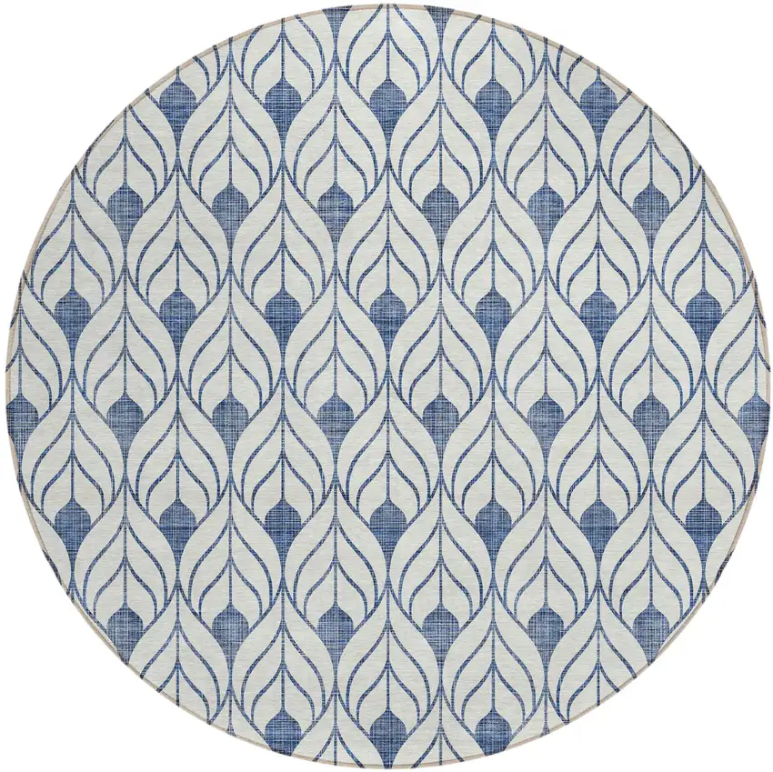 8' Blue And Ivory Round Geometric Washable Indoor Outdoor Area Rug Photo 2