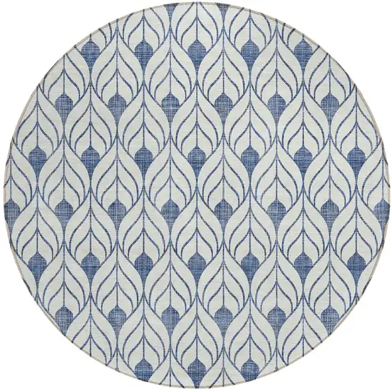 8' Blue And Ivory Round Geometric Washable Indoor Outdoor Area Rug Photo 4
