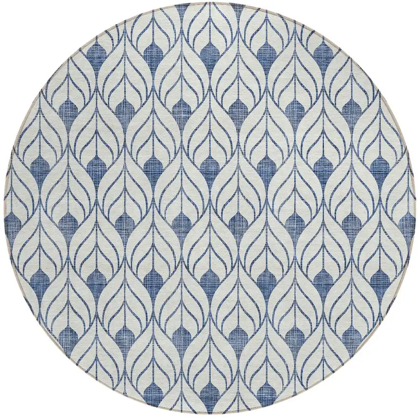 8' Blue And Ivory Round Geometric Washable Indoor Outdoor Area Rug Photo 4