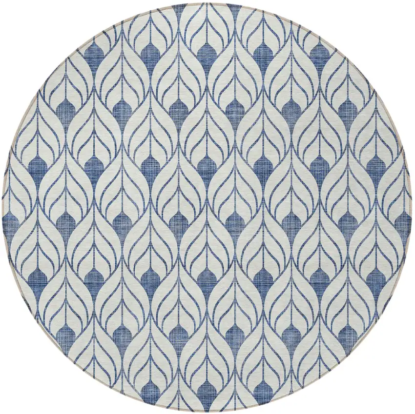 8' Blue And Ivory Round Geometric Washable Indoor Outdoor Area Rug Photo 5