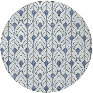 Photo of 8' Blue And Ivory Round Geometric Washable Indoor Outdoor Area Rug