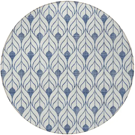 8' Blue And Ivory Round Geometric Washable Indoor Outdoor Area Rug Photo 5