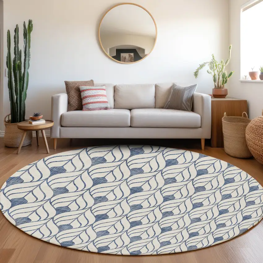 8' Blue And Ivory Round Geometric Washable Indoor Outdoor Area Rug Photo 7