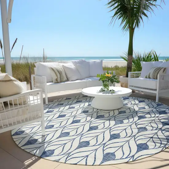 8' Blue And Ivory Round Geometric Washable Indoor Outdoor Area Rug Photo 6