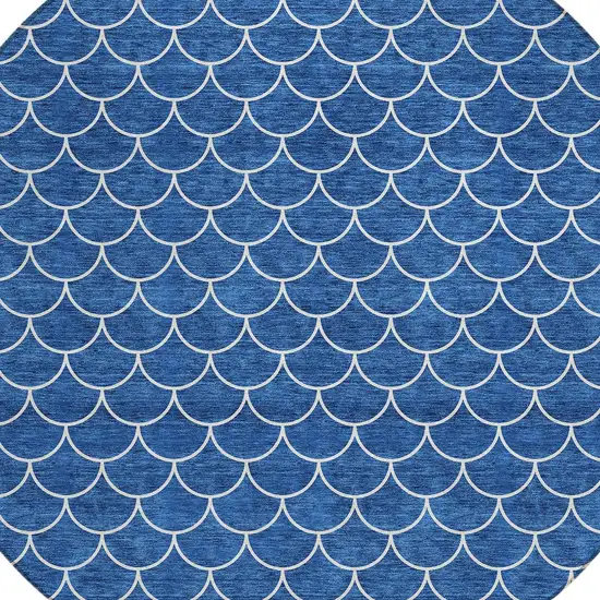 8' Blue And Ivory Round Geometric Washable Indoor Outdoor Area Rug Photo 5
