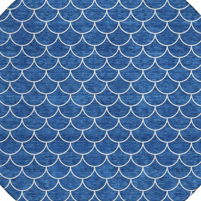 8' Blue And Ivory Round Geometric Washable Indoor Outdoor Area Rug Photo 5