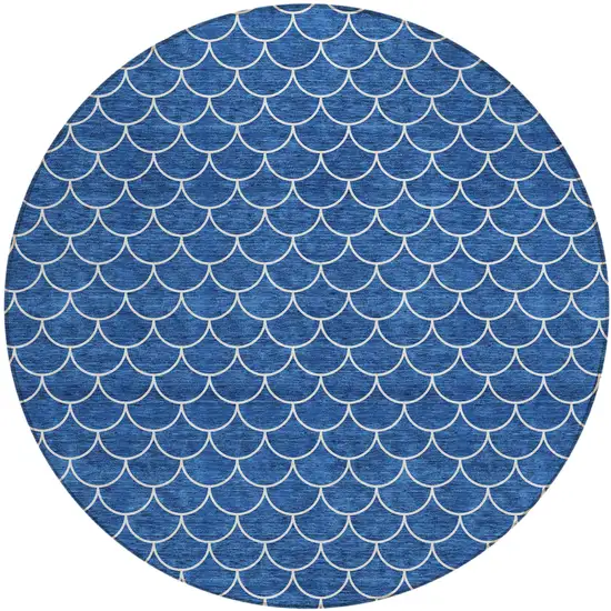 8' Blue And Ivory Round Geometric Washable Indoor Outdoor Area Rug Photo 2