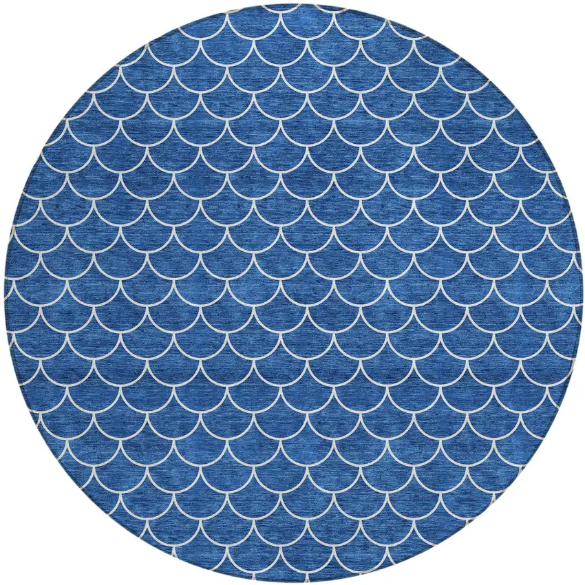 8' Blue And Ivory Round Geometric Washable Indoor Outdoor Area Rug Photo 2