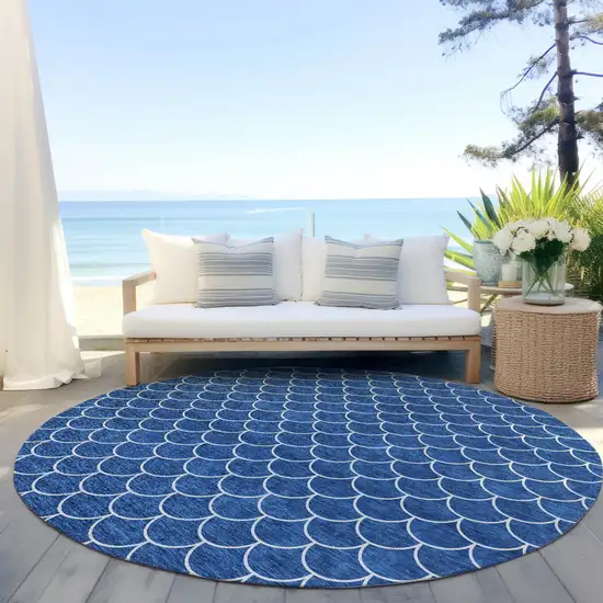 8' Blue And Ivory Round Geometric Washable Indoor Outdoor Area Rug Photo 7