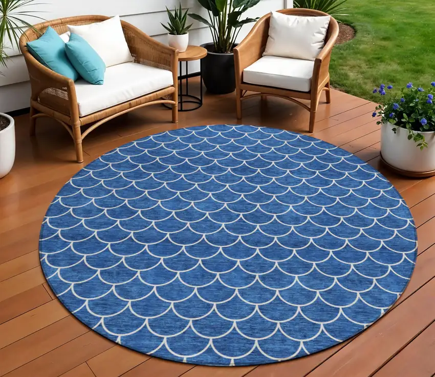 8' Blue And Ivory Round Geometric Washable Indoor Outdoor Area Rug Photo 1