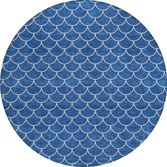 8' Blue And Ivory Round Geometric Washable Indoor Outdoor Area Rug Photo 6