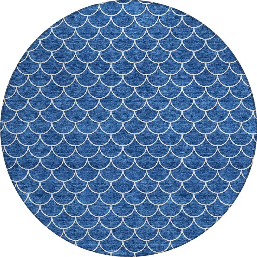 8' Blue And Ivory Round Geometric Washable Indoor Outdoor Area Rug Photo 6