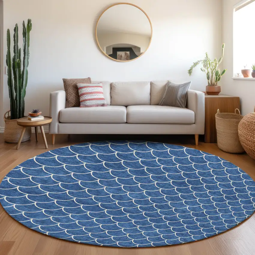 8' Blue And Ivory Round Geometric Washable Indoor Outdoor Area Rug Photo 8
