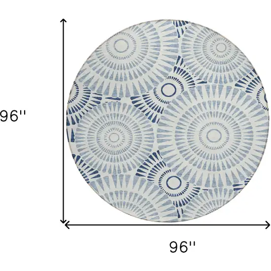 8' Blue And Ivory Round Geometric Washable Indoor Outdoor Area Rug Photo 3