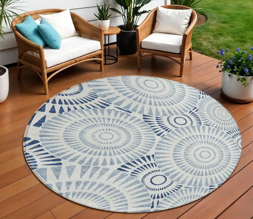 8' Blue And Ivory Round Geometric Washable Indoor Outdoor Area Rug Photo 1
