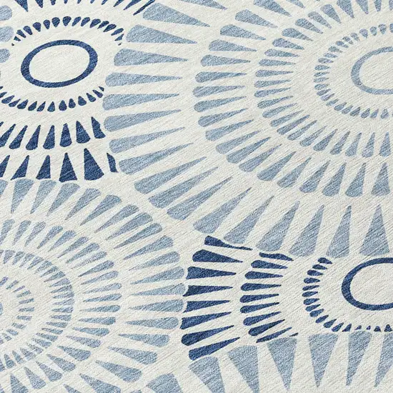 8' Blue And Ivory Round Geometric Washable Indoor Outdoor Area Rug Photo 4