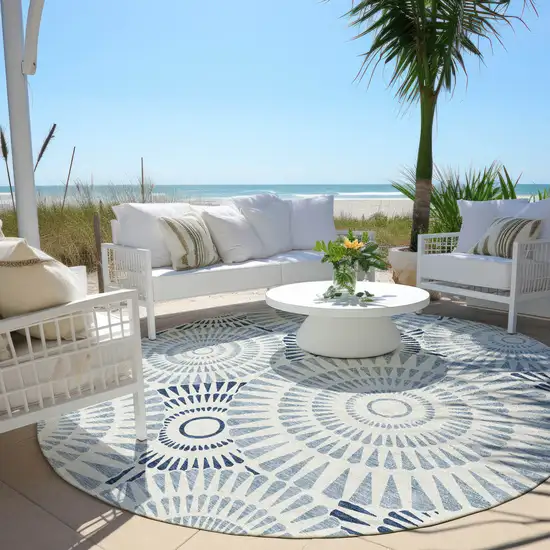 8' Blue And Ivory Round Geometric Washable Indoor Outdoor Area Rug Photo 7