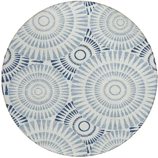 8' Blue And Ivory Round Geometric Washable Indoor Outdoor Area Rug Photo 6