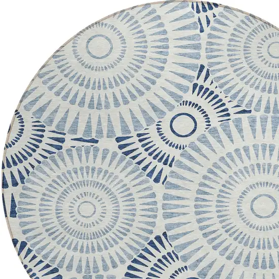 8' Blue And Ivory Round Geometric Washable Indoor Outdoor Area Rug Photo 5