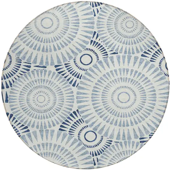 8' Blue And Ivory Round Geometric Washable Indoor Outdoor Area Rug Photo 2