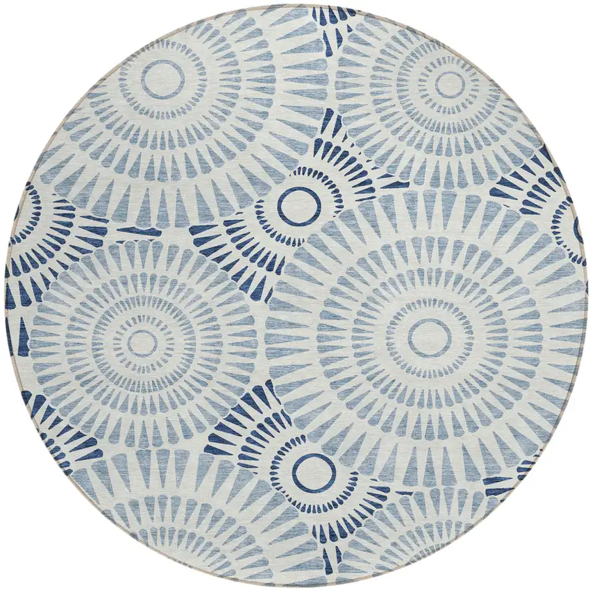 8' Blue And Ivory Round Geometric Washable Indoor Outdoor Area Rug Photo 2