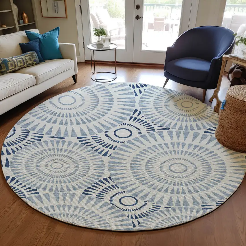 8' Blue And Ivory Round Geometric Washable Indoor Outdoor Area Rug Photo 8