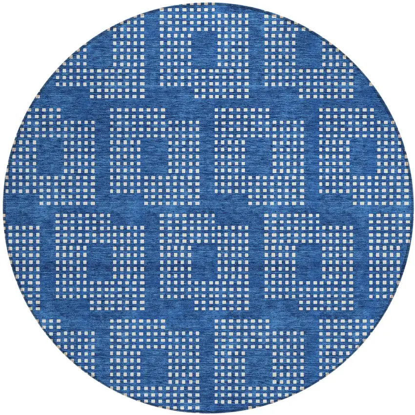 8' Blue And Ivory Round Geometric Washable Indoor Outdoor Area Rug Photo 2