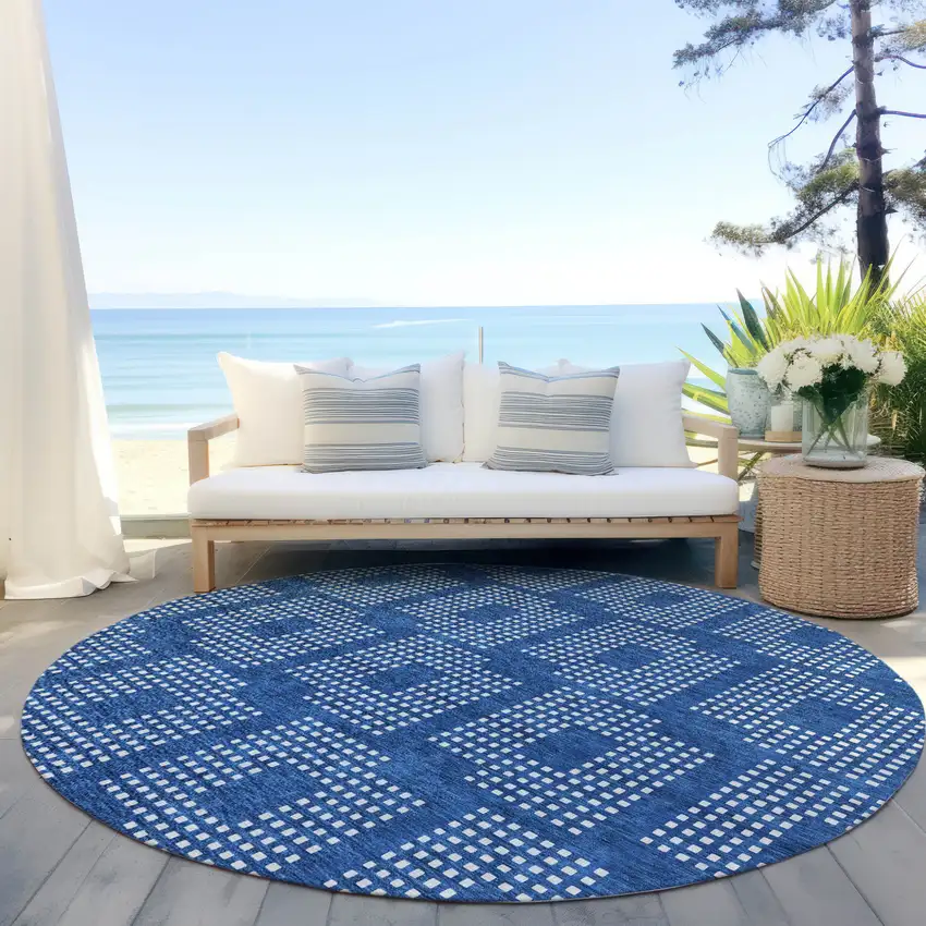 8' Blue And Ivory Round Geometric Washable Indoor Outdoor Area Rug Photo 6