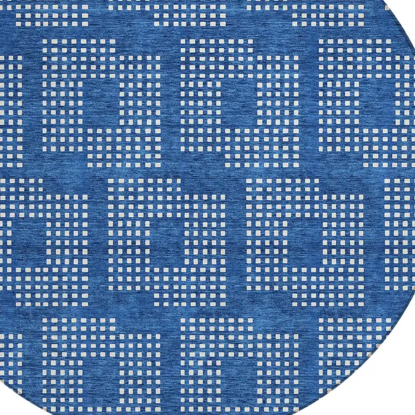 8' Blue And Ivory Round Geometric Washable Indoor Outdoor Area Rug Photo 4