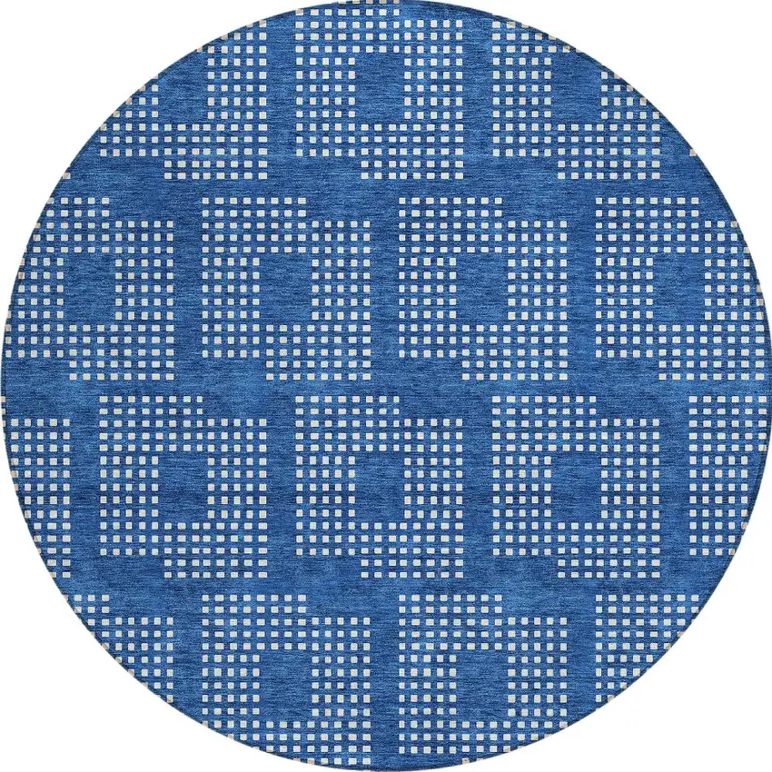 8' Blue And Ivory Round Geometric Washable Indoor Outdoor Area Rug Photo 5