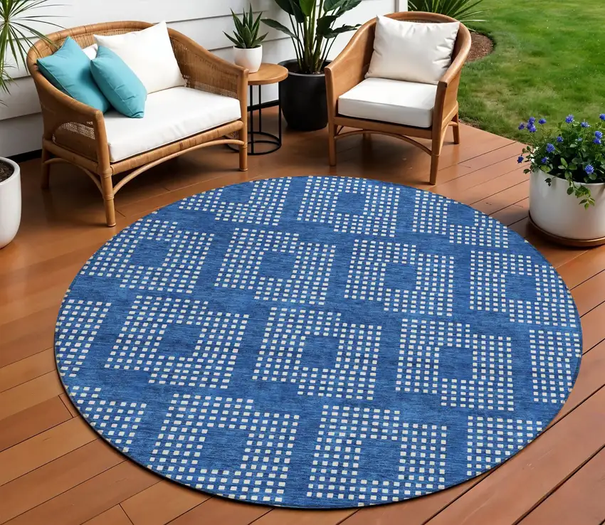 8' Blue And Ivory Round Geometric Washable Indoor Outdoor Area Rug Photo 1