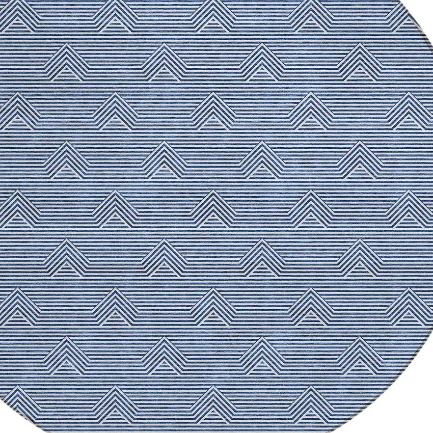 8' Blue And Ivory Round Geometric Washable Indoor Outdoor Area Rug Photo 4