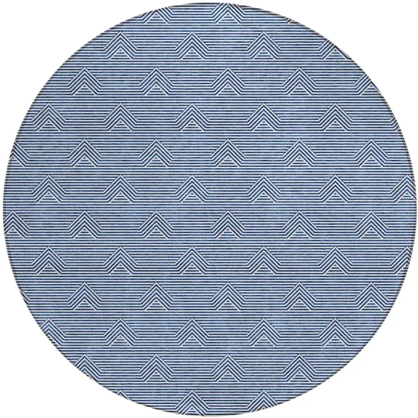 8' Blue And Ivory Round Geometric Washable Indoor Outdoor Area Rug Photo 2