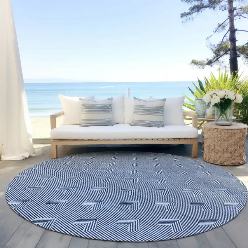 8' Blue And Ivory Round Geometric Washable Indoor Outdoor Area Rug Photo 6