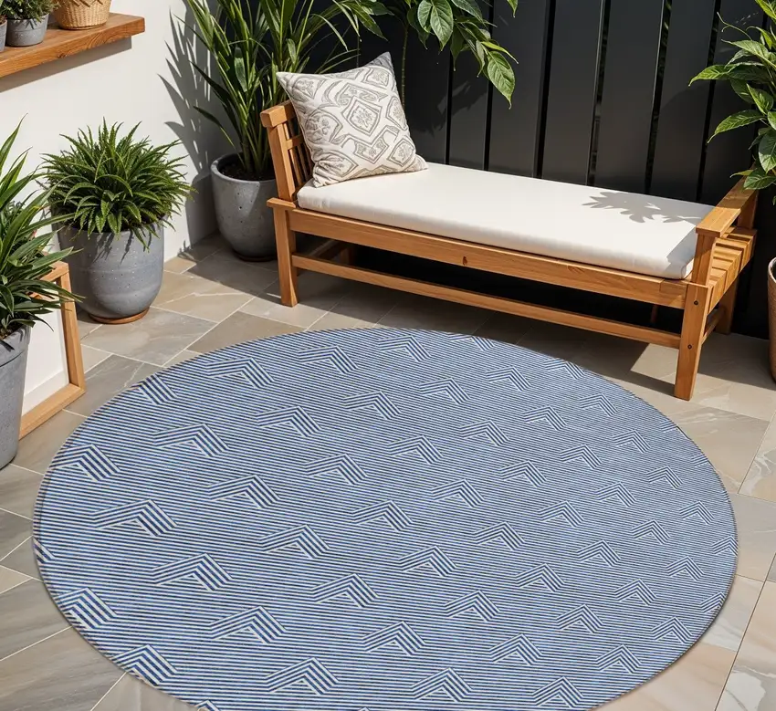 8' Blue And Ivory Round Geometric Washable Indoor Outdoor Area Rug Photo 1