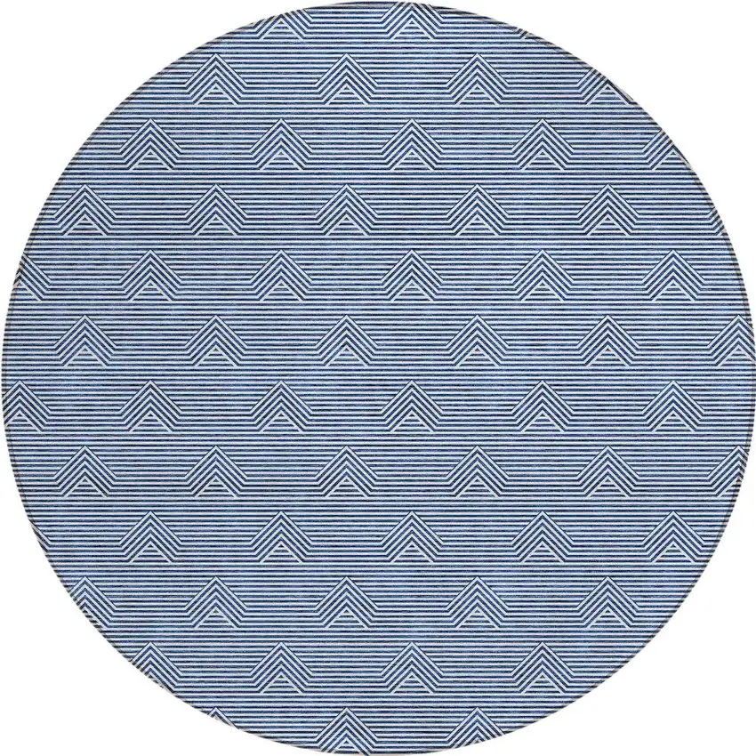 8' Blue And Ivory Round Geometric Washable Indoor Outdoor Area Rug Photo 5