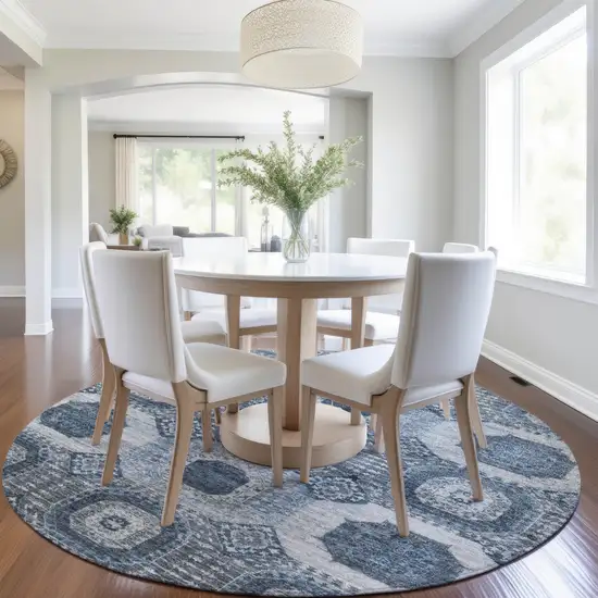 8' Blue And Ivory Round Medallion Washable Indoor Outdoor Area Rug Photo 6