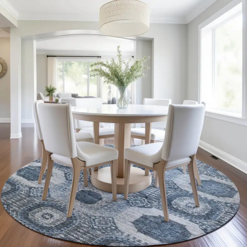 8' Blue And Ivory Round Medallion Washable Indoor Outdoor Area Rug Photo 6